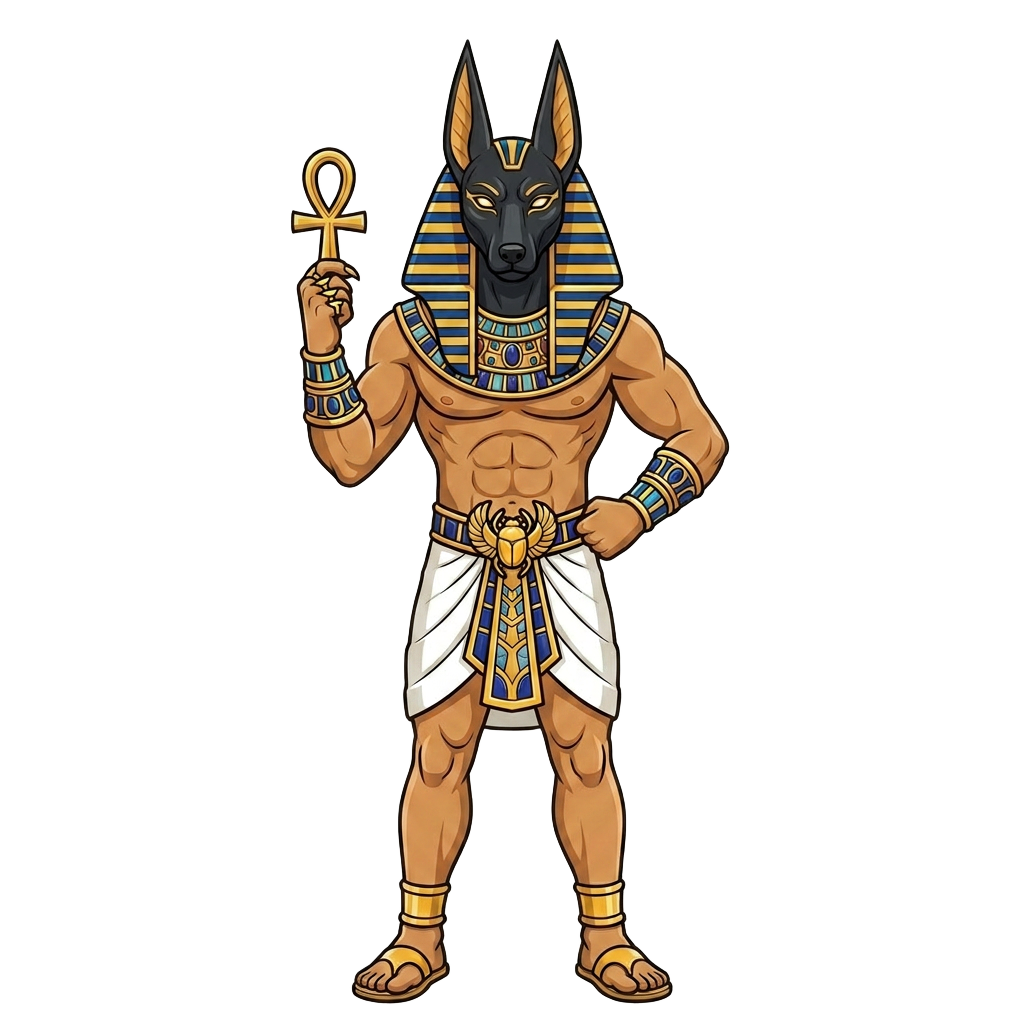 Anubis, Egyptian god mascot, standing with an ankh