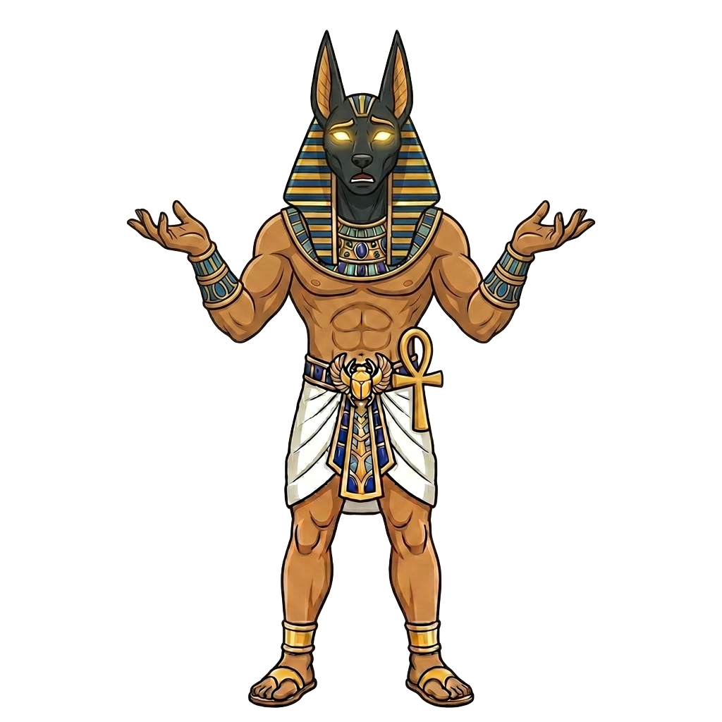 Anubis surprised, arms outstretched